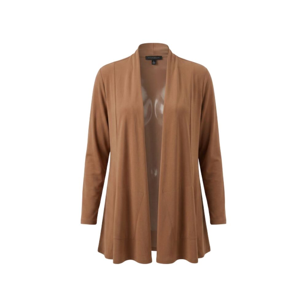 Susan Graver Liquid Knit Cardigan Modern Essentials Caramel Brown Open Front MP